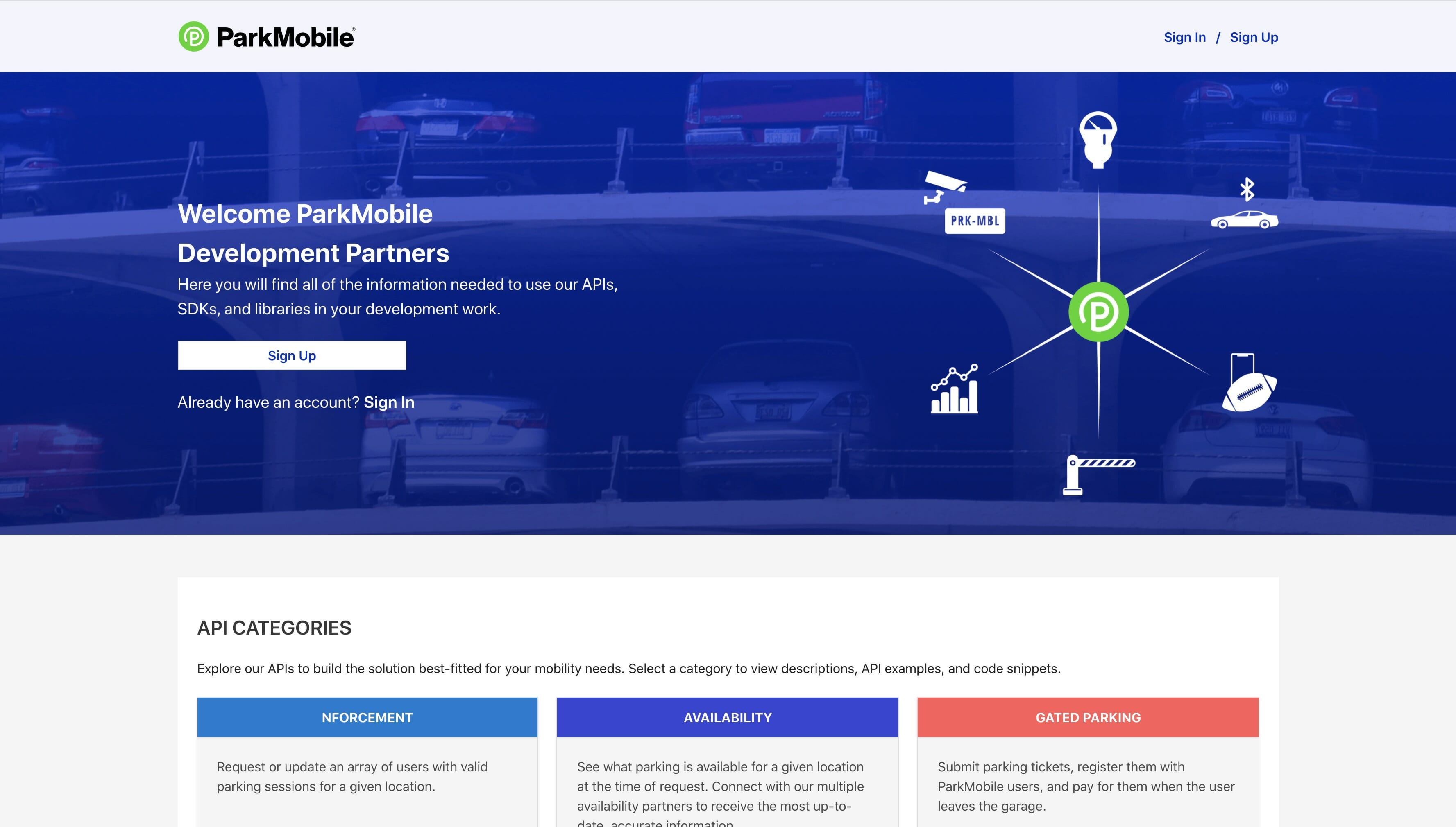 ParkMobile Developer Portal with Core UI applied to homepage